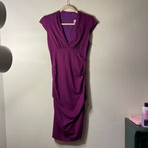 Nicole Miller | Artelier Hadley Ponte Knit Ruched Cap Sleeve V-Neck Dress Medium